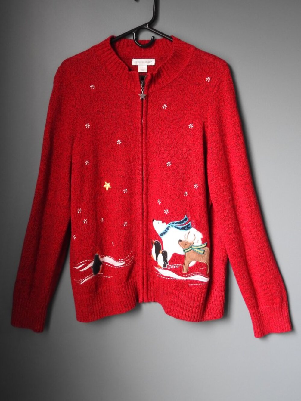 Christopher & Banks Christmas Holiday Full Zip Knit Sweater Cardigan Large